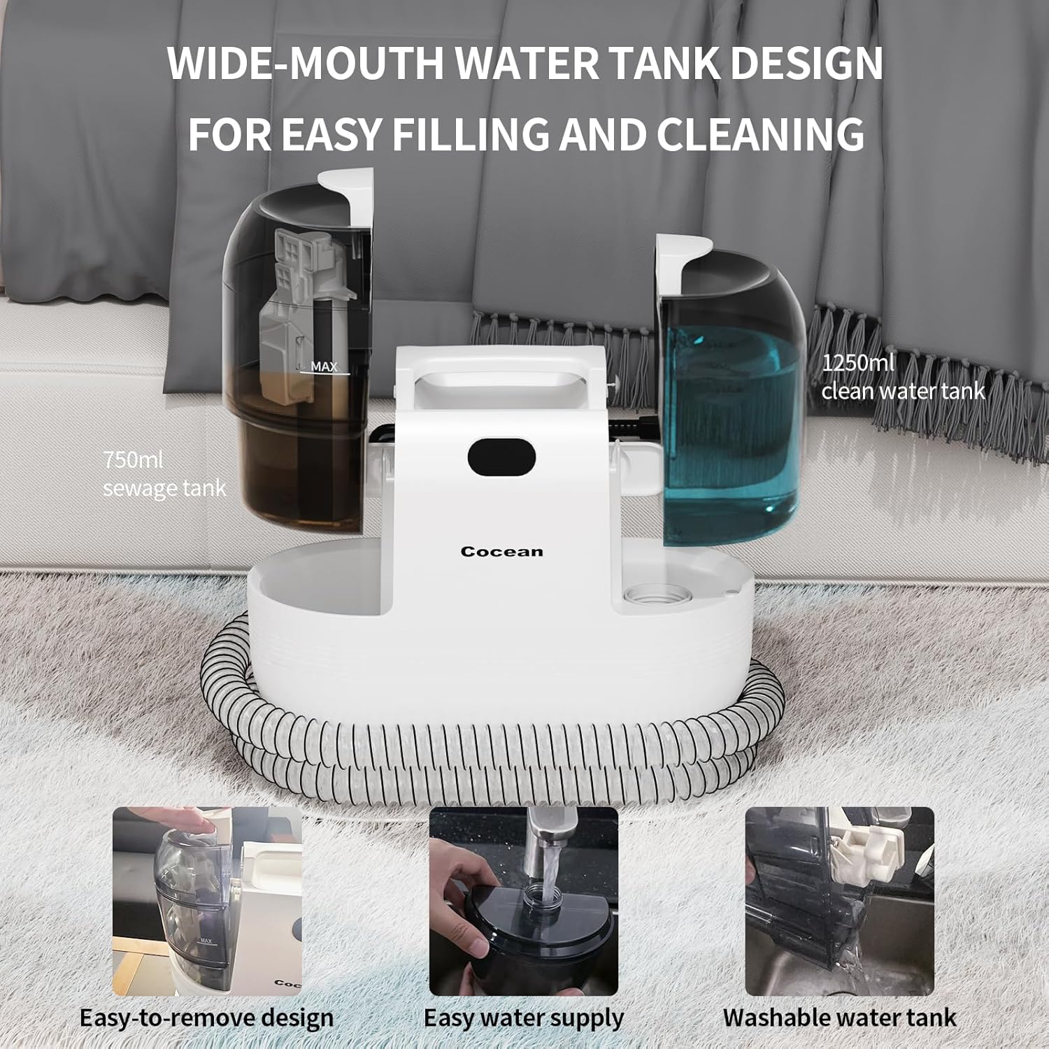 COCEAN Multi-Purpose Portable Upholstery and Carpet & Area Rug Cleaner with Shampooer, Car Interiors Machine Powerful Suction Spot and 260ML Deep Stain Cleaning Shampooer for Pets, 4 Cleaning Tools