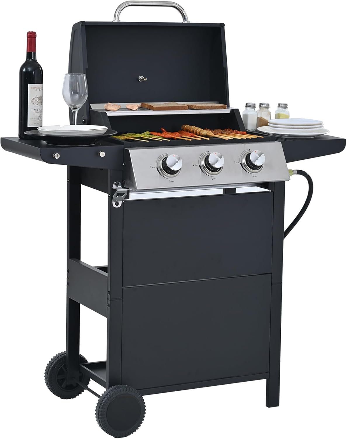 3-Burner Propane Gas BBQ Grill with Warming Rack, Stainless Steel Gas Grill with 26000 BTUs Output for Outdoor,Camping,Barbecue Grilling & Backyard Cooking（Black/Silver）