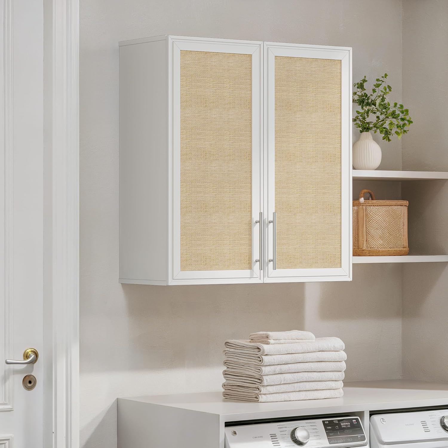 29.5’’ Laundry Room Cabinets, Wall Mounted Cabinet with Rattan Doors and Adjustable Shelf, Kitchen Wall Cabinet, Bathroom Wall Cabinet, Upper Cabinet for Laundry, White