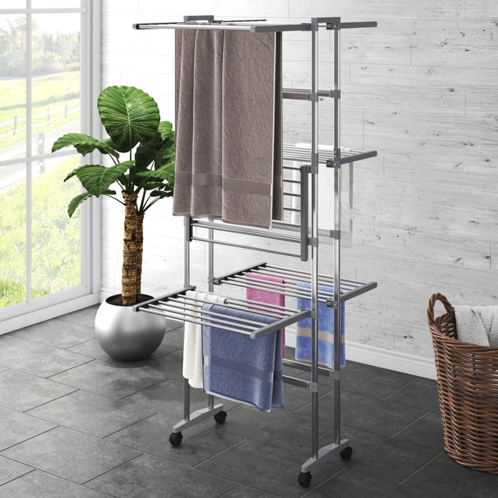 vidaXL Foldable 3-Tier Laundry Drying Rack with Wheels in Silver - Compact Aluminium Clothes Drying Stand, Ideal for Limited Space, Easy Assembly Required
