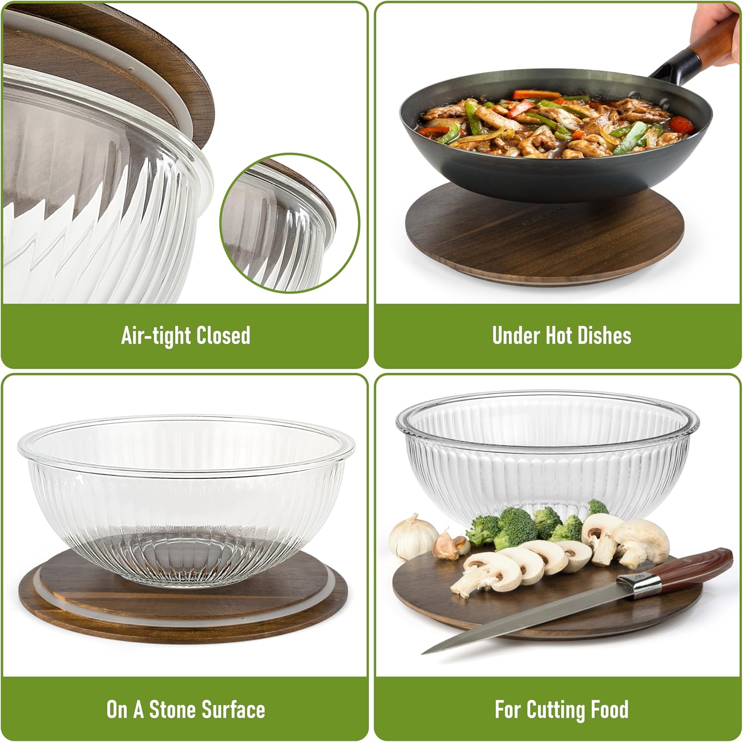 Stackable Space-Saving Set of 5 Nesting Glass Bowls with Acacia Lids for Foodprep, Storage, Mixing & Cooking - Microwave & Oven-ready BPA Free Durable Heat Resistant Inert Borosilicate Glass