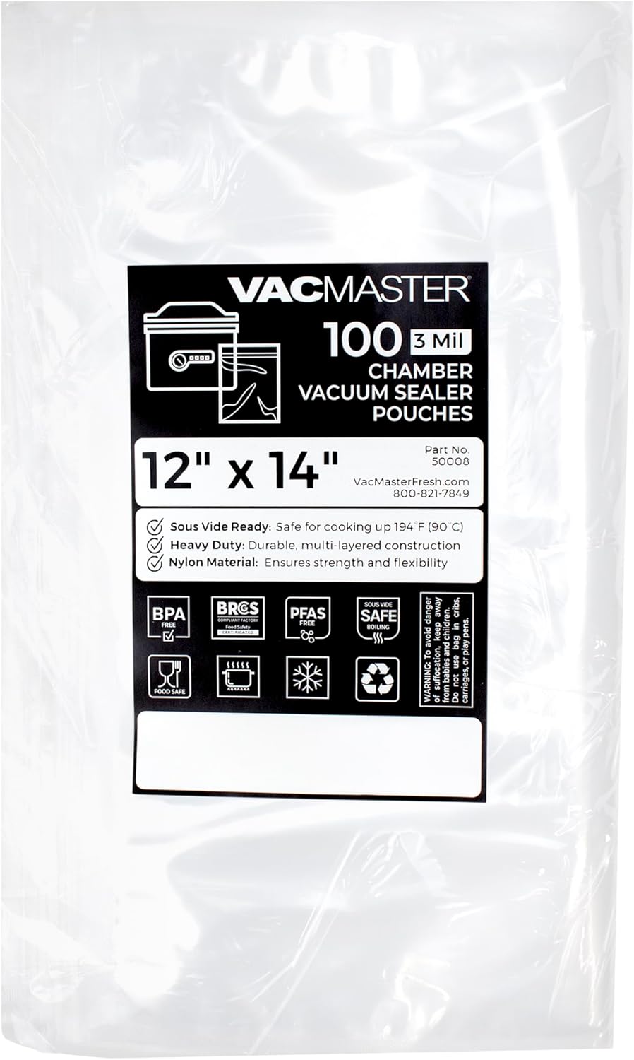 VacMaster 12 inch by 14 inch Heavy Duty 4 Mil Chamber Vacuum Sealer Bags - 1,000 Pre-Cut Clear Chamber Machine Pouches Per Case, BPA Free, 30624