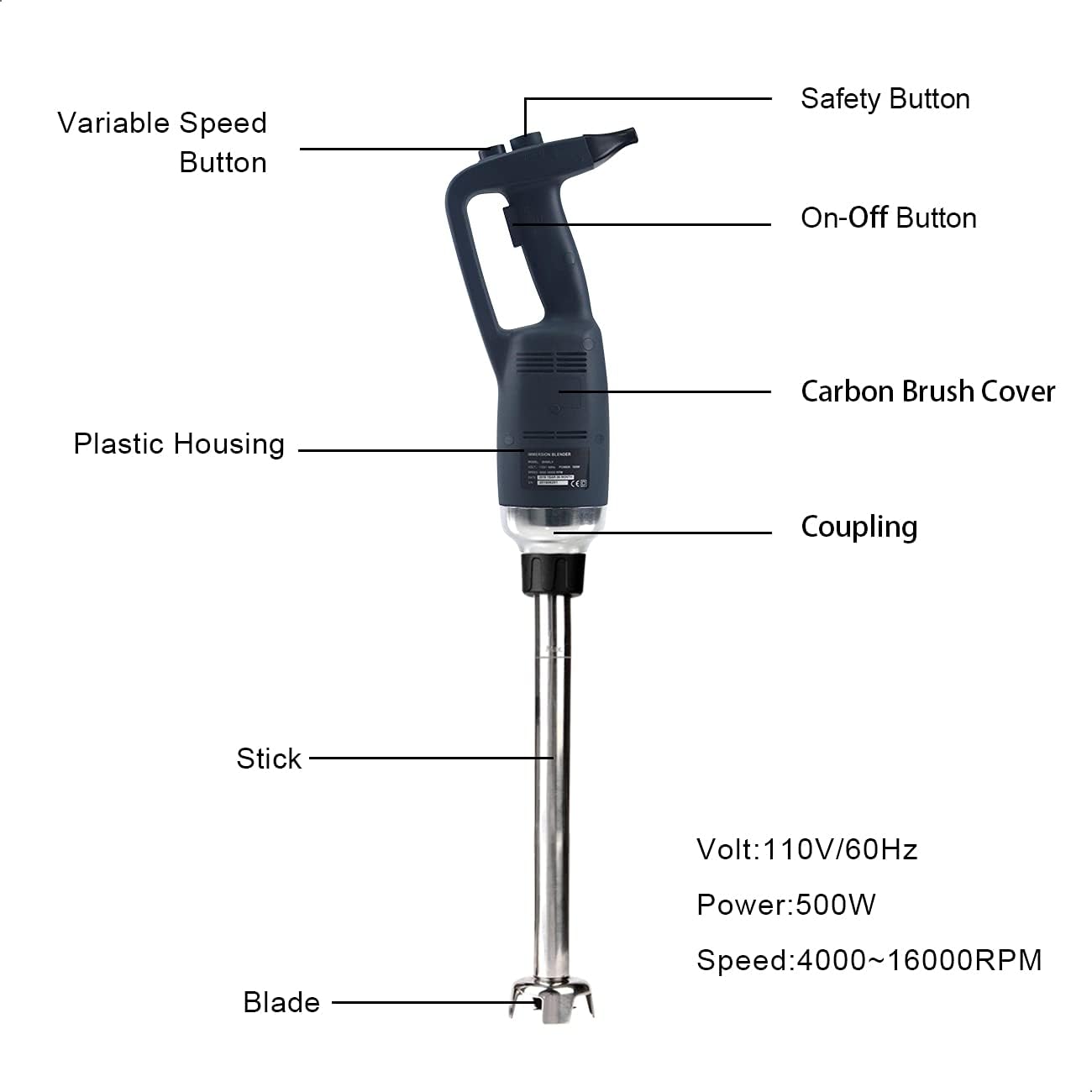 20 in Heavy Duty Immersion Blender for Kitchen Commercial Mixer Electric 500W Detachable Shaft Adjustable Variable Speed Emulsifier Blender Handheld