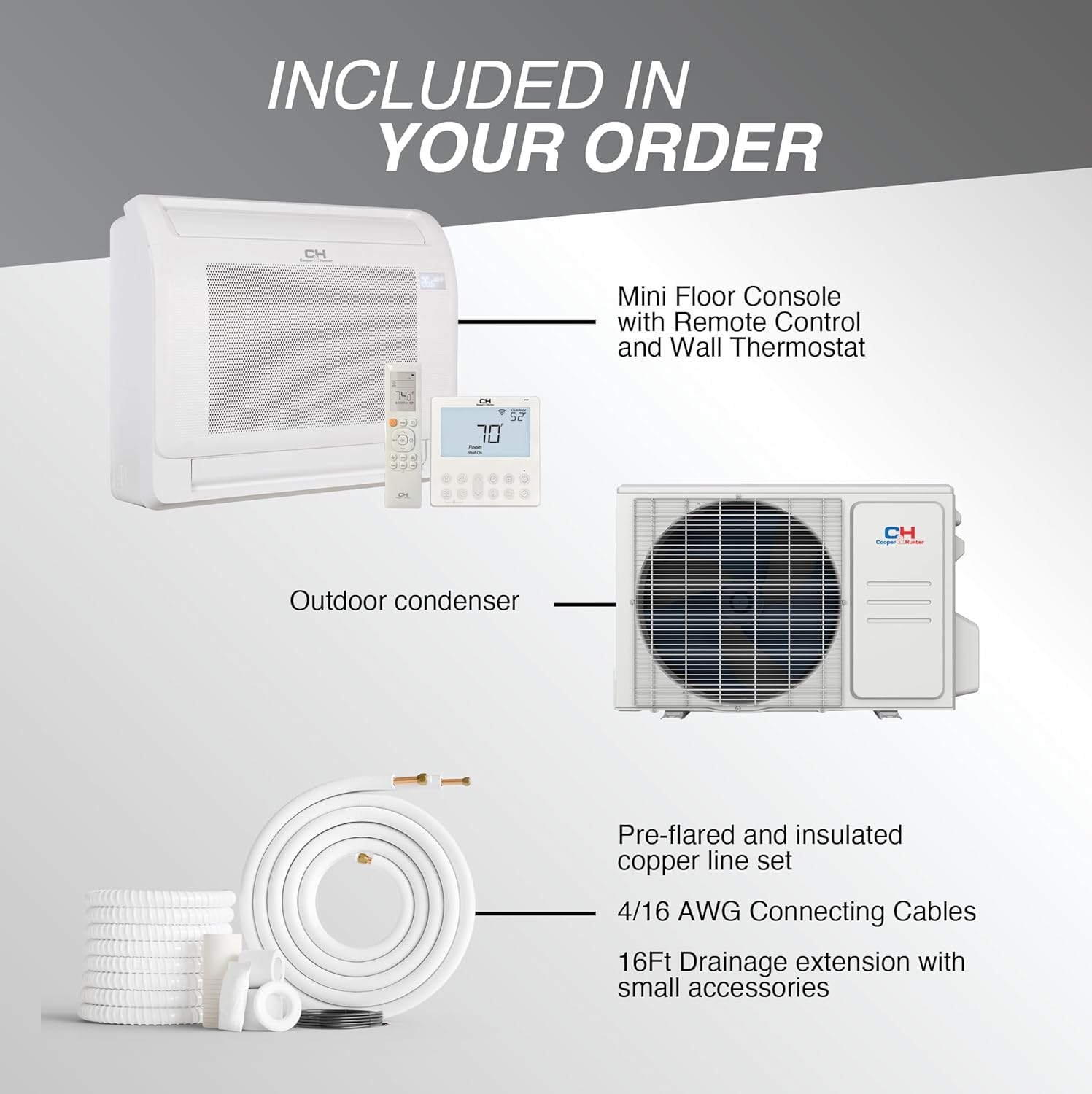 Cooper & Hunter 16,000 BTU Single Zone Floor Mounted Console Mini Split Air Conditioner & Heat Pump – 23.8 SEER2 – 16FT Installation Kit – 230V Inverter