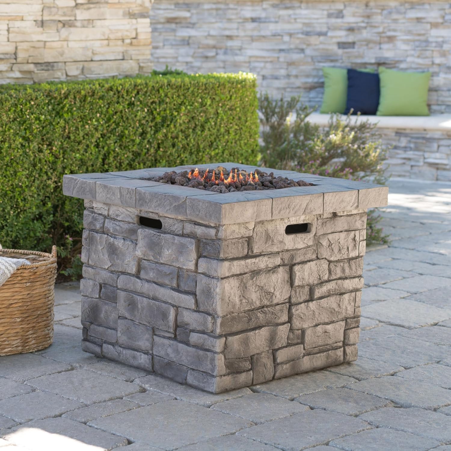 Chery Industrial 30 Inch Outdoor Square Magnesium Oxide Propane Fire Pit, 40,000 BTU Patio Gas Fire Table with Steel Frame, Lava Rocks, Smokeless Heating, Grey