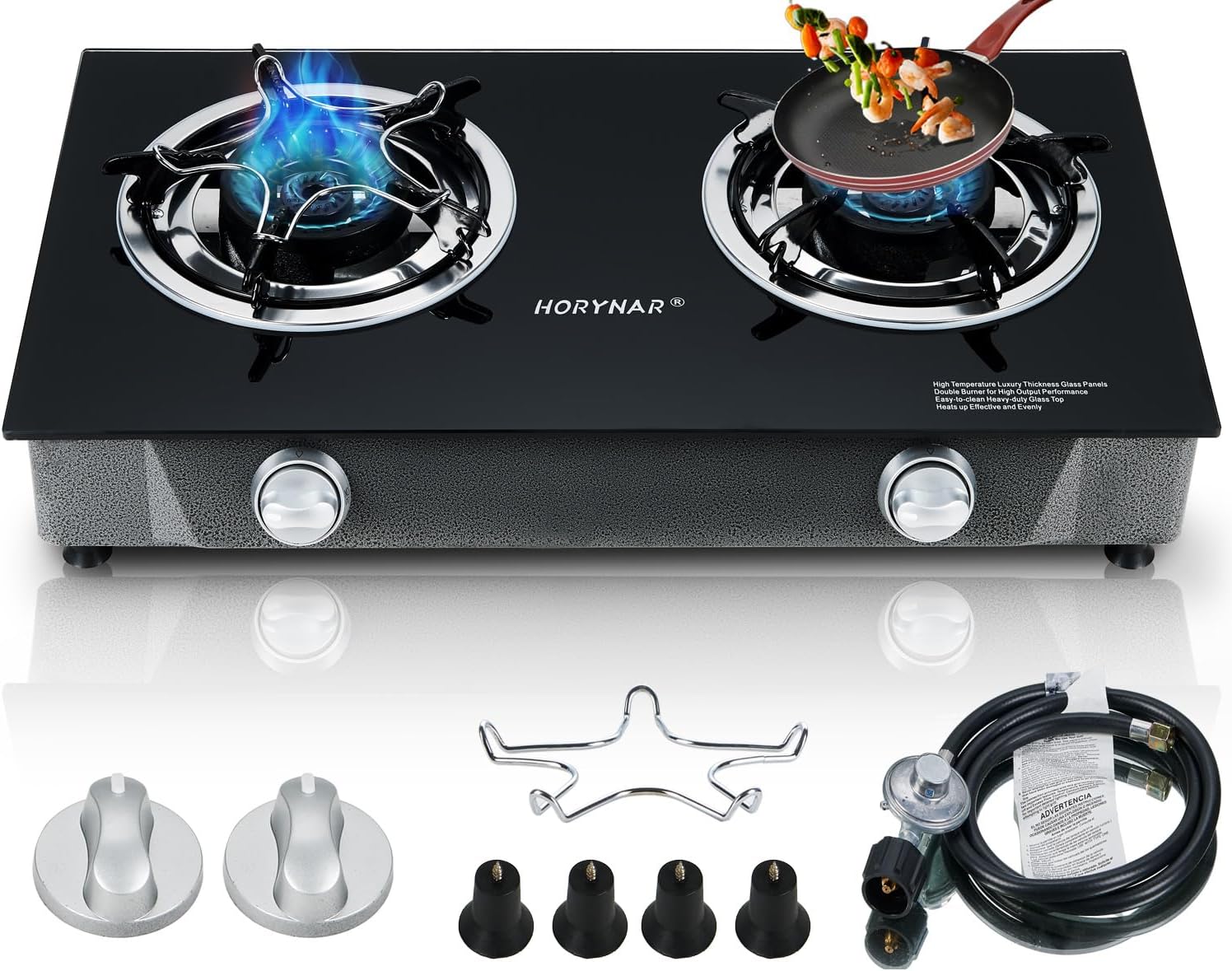 Propane Stove 2 Burner Gas Stove Auto Ignition 26000 BTU Tempered Glass Propane Burner LPG with CSA Hose for Outdoor Cooking, Emergency