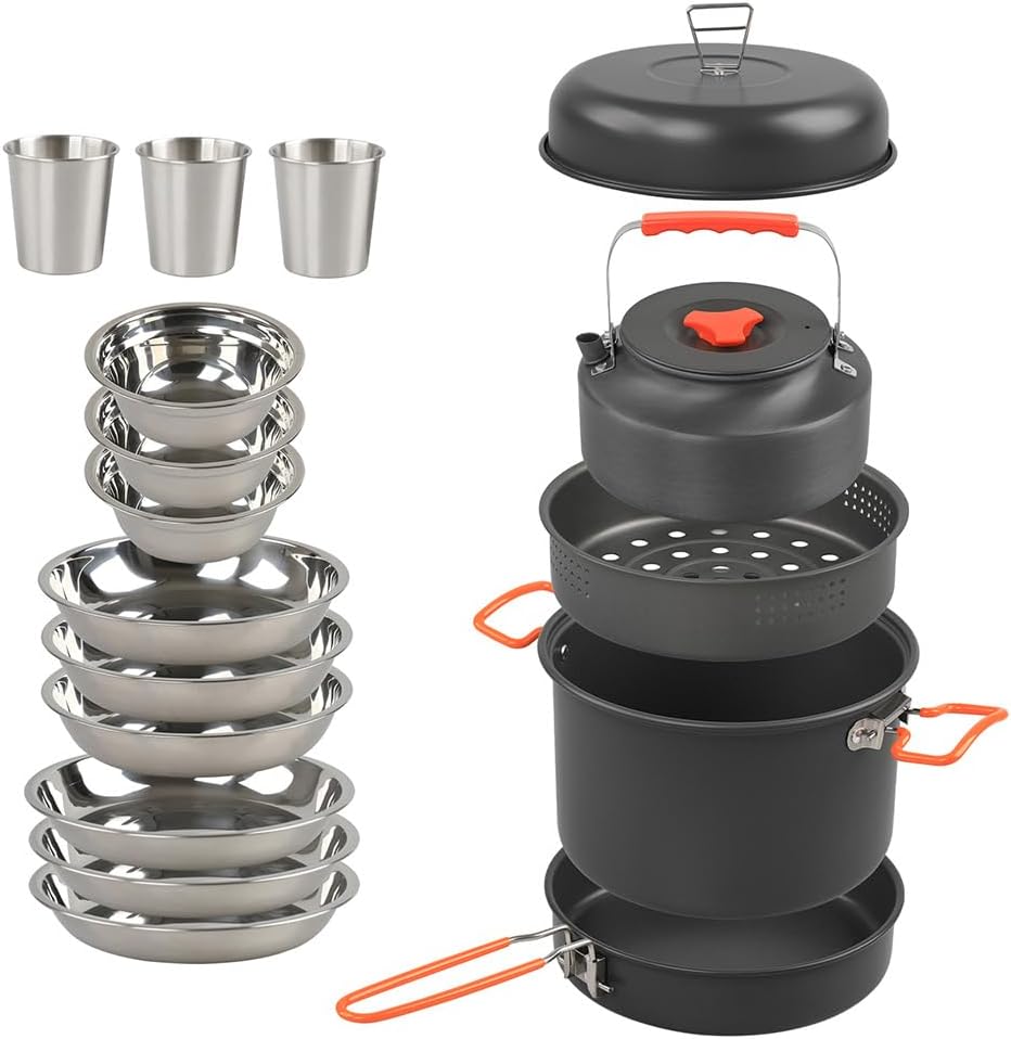Lixada 17Pcs Camping Cookware Mess Kit Aluminum Alloy Pot Pan Kettle Set Steaming Tray Bowl Cup Water Kettle Cooking Equipment for Backpacking Gear Hiking