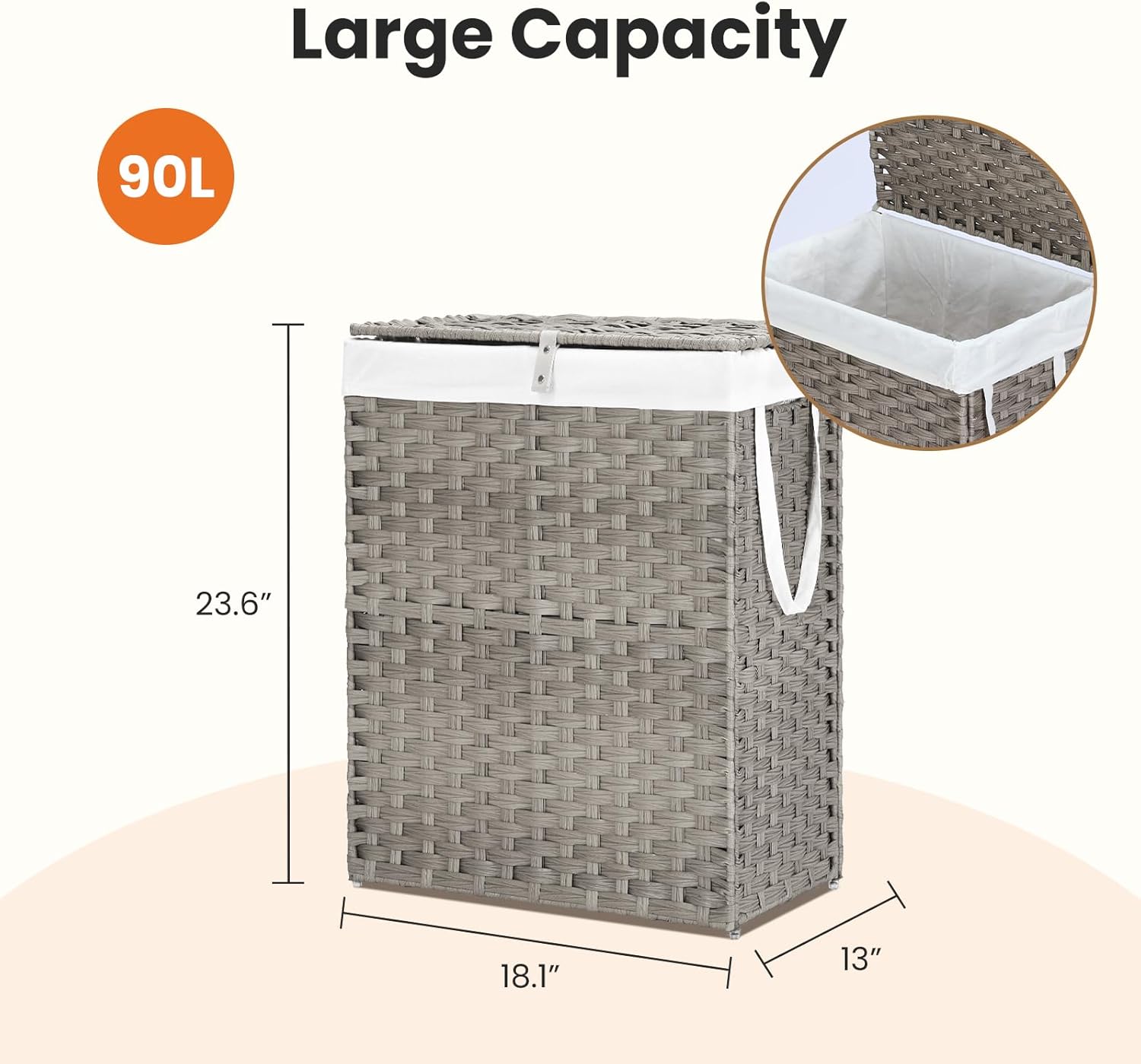 DUMOS Woven Laundry Basket with Lid, 90L Large Capacity Hamper, Removable & Machine-Washable Liner, Foldable Rattan Clothes Hamper, Sturdy Steel Frame, Odor Control, Dove Gray