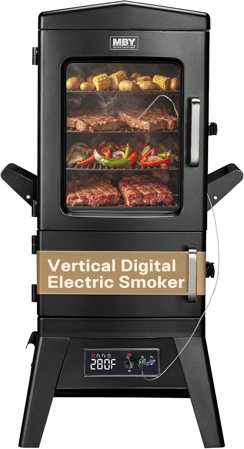 Vertical Electric Smoker with Cover & Meat Probe, BBQ Smokers with 4 Cooking Grates, 633 Sq.in Cooking Space, LED Temperature Control for Outdoor Cooking,Smoke Ribs,Brisket,Chicken