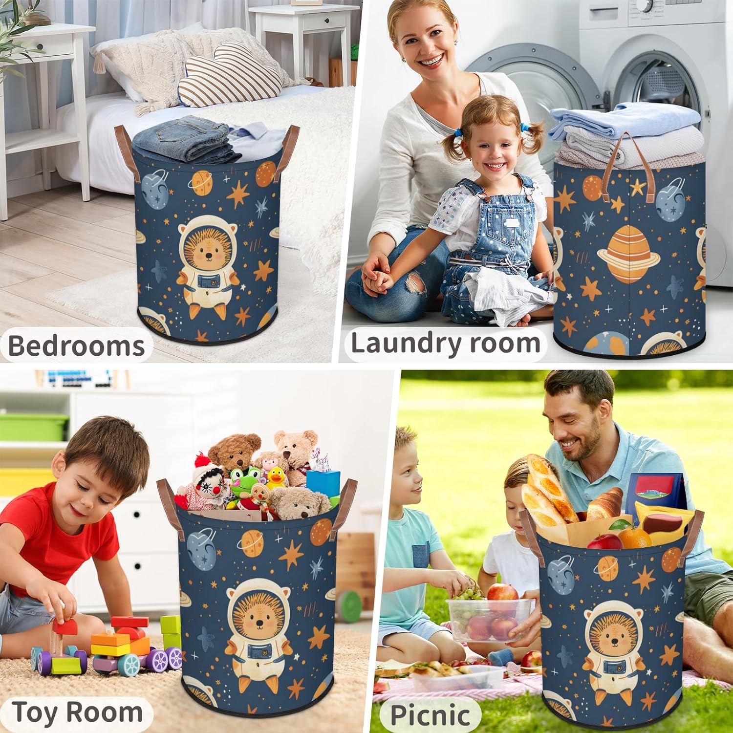 Space Funny Hedgehog Laundry Basket Foldable Clothes Organizer Laundry Hamper with Handles Waterproof Washing Bin for Bedroom Bathroom