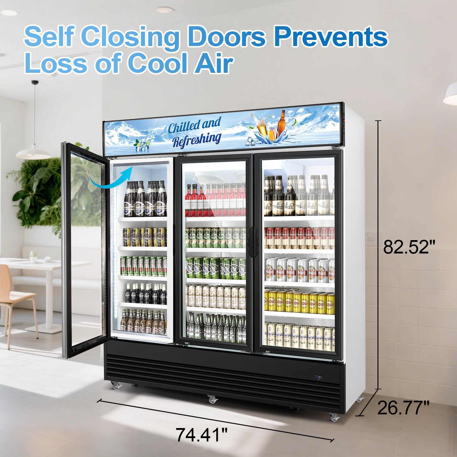 Tylza Commercial Refrigerator, Three Glass Door Display Beverage Fridge, 59.06 Cu Ft Upright Beverage Cooler Merchandiser with Replaceable Advertising Light Board, Rebound Door, Fast Cooling