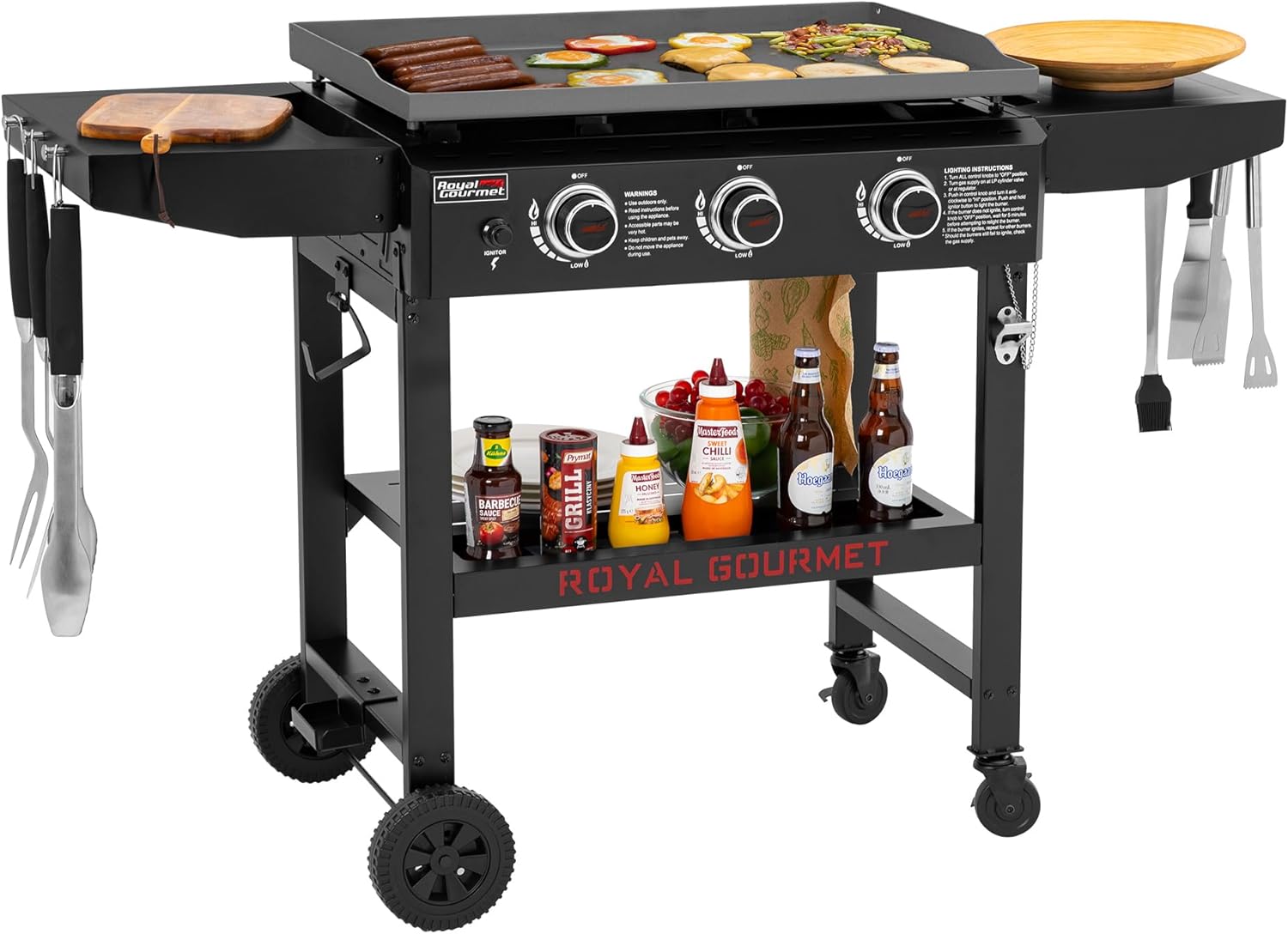 GB3000H 28-Inch 3-Burner Propane Gas Griddle in Black, Griddle with Collapsible Side Shelves, 492 Sq. In. Cooking Area, Perfect for Outdoor Cooking like Camping or Tailgating, Black