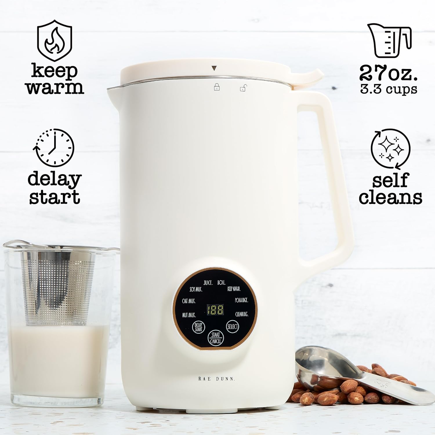 Rae Dunn 8-in-1 Nut & Plant Milk Maker – Almond, Oat, Soy & More – 800ml Cold / 700ml Hot – Automatic, Delay Start, Self-Clean – Includes Stirrer, Measuring Cup & Brush, Cream