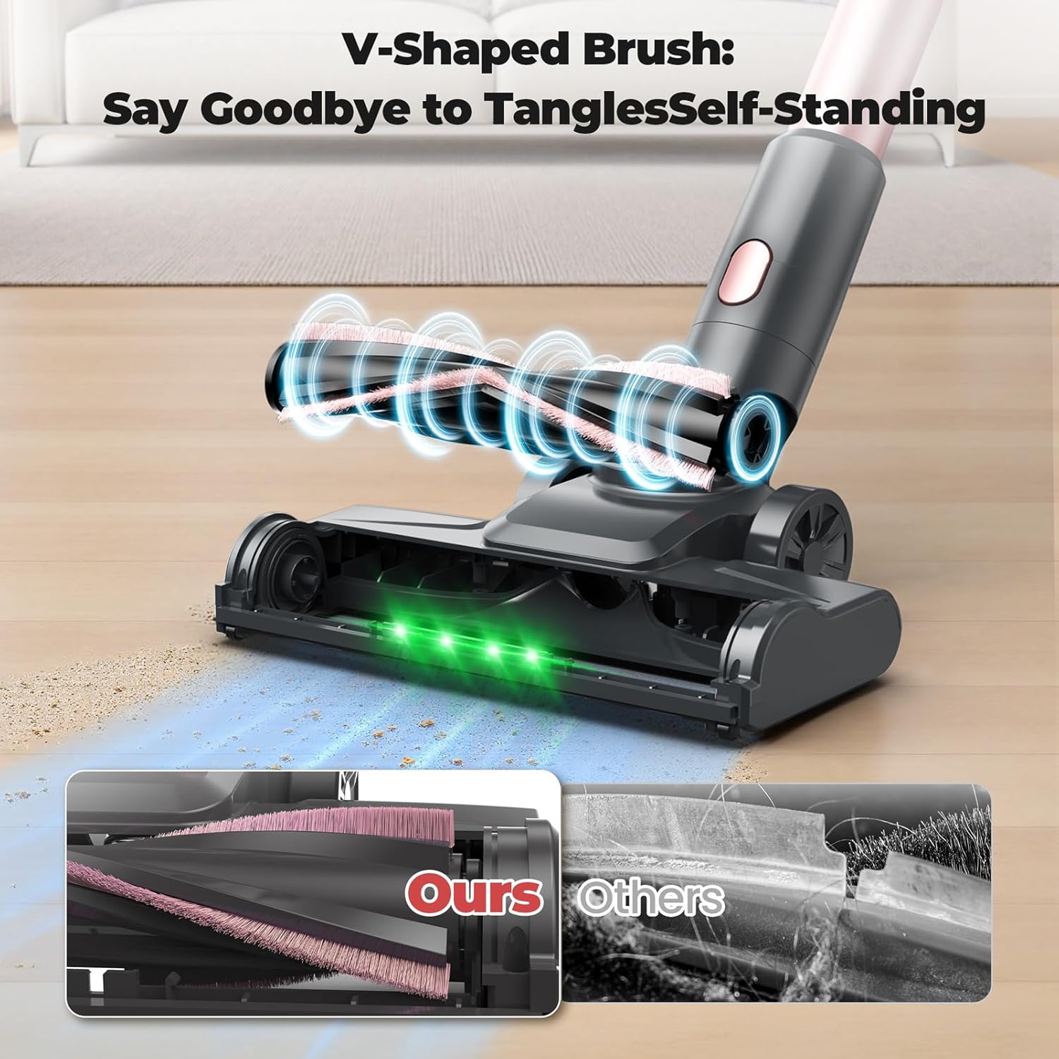 Cordless Vacuum Cleaner, Powerful Lightweight Stick Vacuum with Self-Standing, Anti-Tangle, 8-in-1 Rechargeable Vacuum Cleaners for Home, Hardwood Floors, Carpet, Pet Hair (Pink)