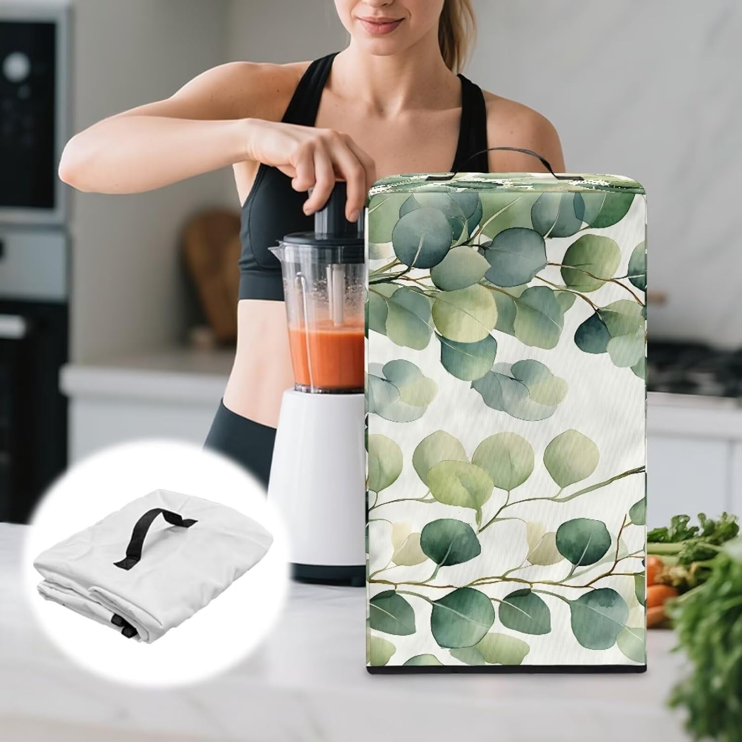 Green Leaves Blender Dust Cover for Kitchen – Stylish Juicer Cover with Floral Prints, Fits Most Blenders & Stand Mixers, Easy to Clean & Foldable, Home Decor