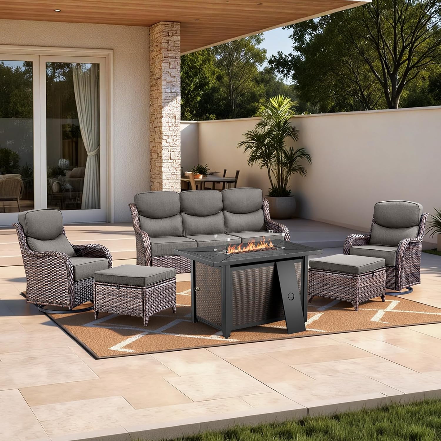 HUMMUH 6 Pieces Patio Furniture Set with Fire Pit High Back Outdoor Furniture Set 6-inch Cushions Wicker Patio Swivel Rocker Chairs for Balcony Garden,Lawn,Deck