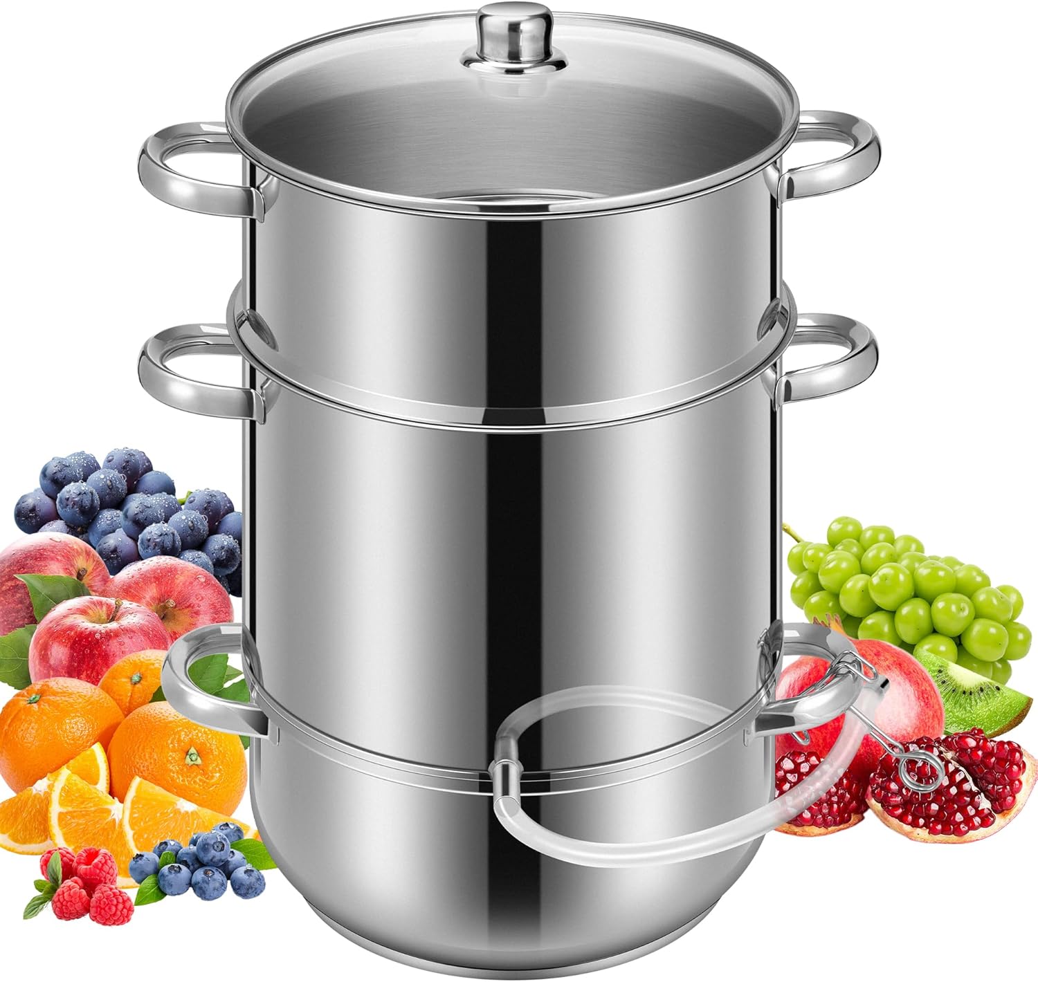 VIVOHOME Stainless Steel Steam Juicer Extractor Fruit Vegetables Juice Steamer Pot 11 Qt with Tempered Glass Lid, 2 Hose, Clamp, Loop Handles