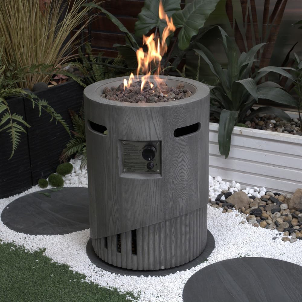 32000 BTU Round Outdoor Gas Fire Pit with Lava Stones, Rainproof Cover, Magnesium Oxide Cultured Stone Surface, 19.7