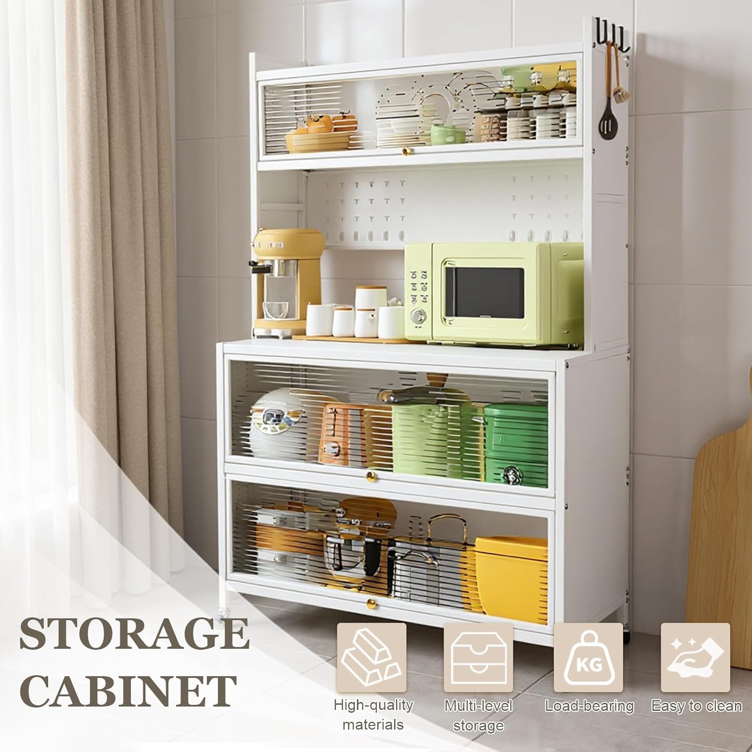 4-Tier Microwave Stand with Flip Door Storage Cabinet, Kitchen Baker's Rack, Standing Buffet Sideboard for Spices, Dishes, Pots, and Pans