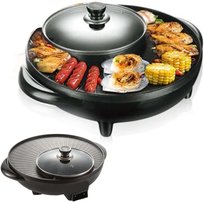 1200W Large Capacity Electric Non Stick BBQ Grill Shabu,Household Electric Hot Pot with Separate Temperature Contral Forpeople Household Dinner and Party