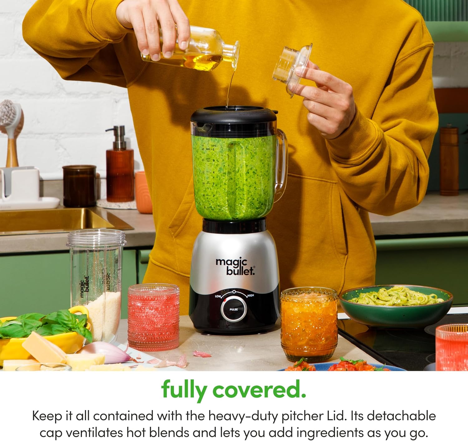 Magic Bullet® Combo Blender, 600W, 48oz Pitcher, 16oz Cup with To-Go Lid, Easy Cleaning, Cross Blade, for Smoothies, Sauces, Shakes, Salsa, Hot Blends, Silver, MBF50200