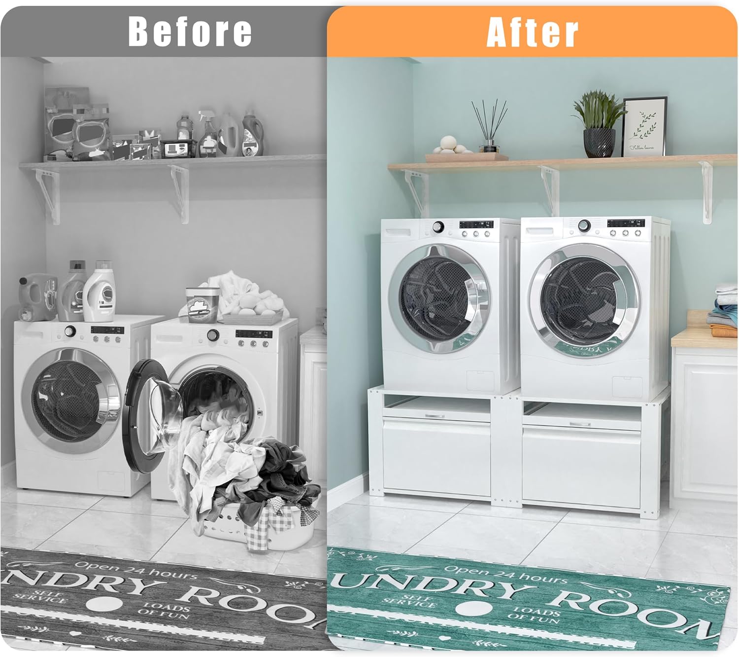 Washer and Dryer Pedestals, Laundry Pedestal Universal Fit Washing Machine Stand with Drawer Storage and Lundry Basket Shelf, 800LBS Capacity,White