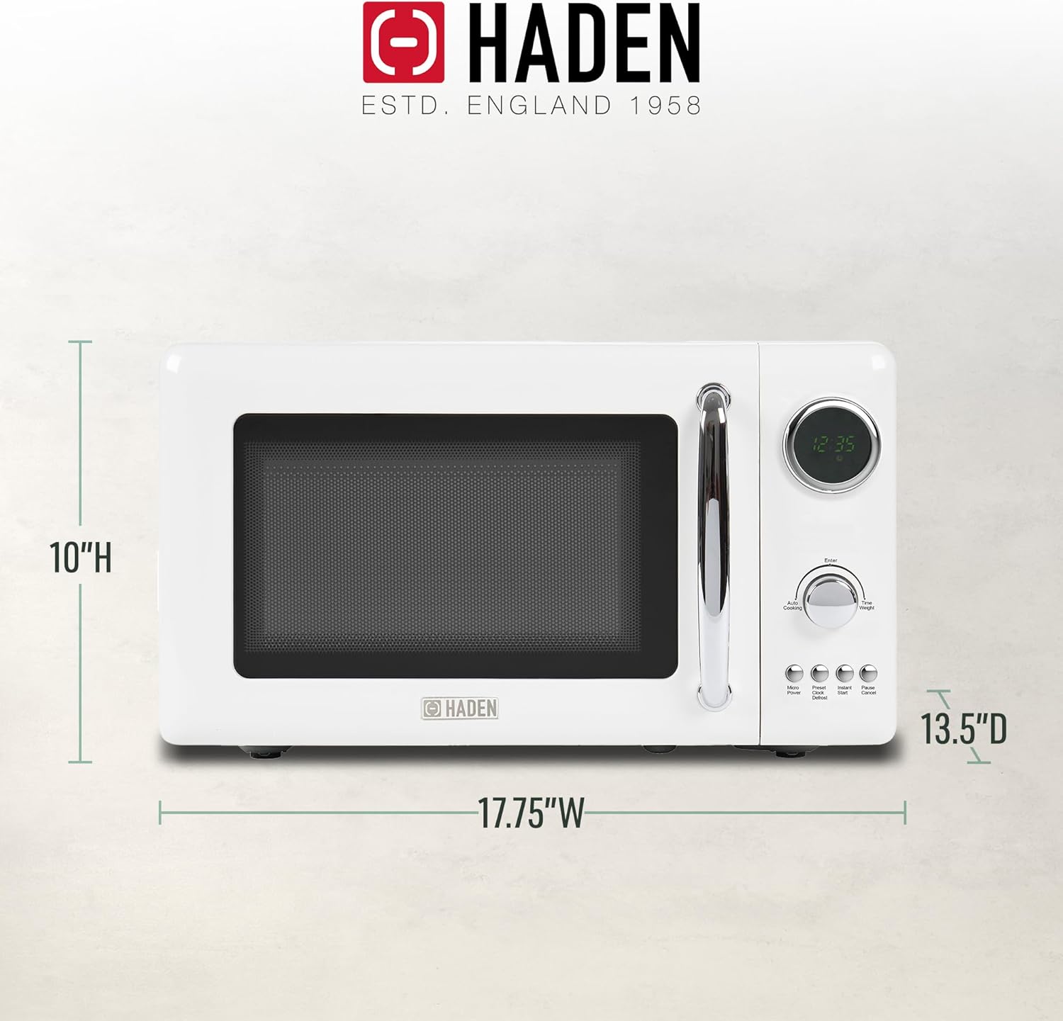 Haden 700 Watt 0.7 Cubic Foot Microwave Oven with Digital Controls, Defrost, and Instant Start Countertop Small Appliance, Ivory/Chrome