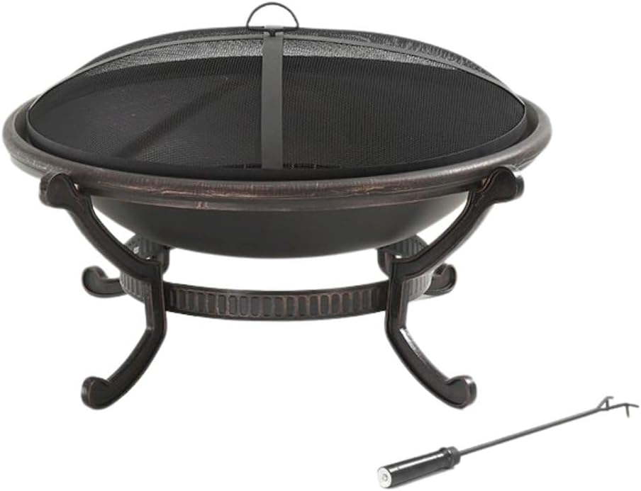 Wood Burning Fire Pit for Outside – Large Outdoor Firepit with Mesh Spark Screen Cover & Fire Poker – Powder-Coated Steel, Black