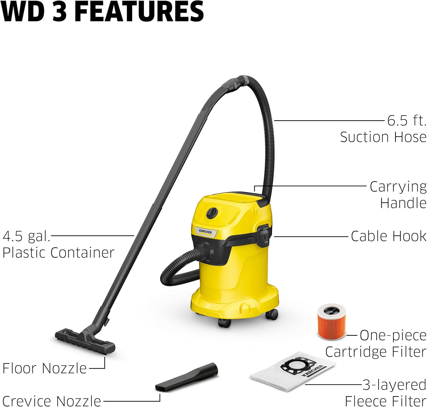 Kärcher Shop Vacuum WD 3, 4.5 Gal, 2.8 Peak HP, 26 ft Reach, Wet Dry Vacuum Cleaner, Blower Function, Crevice Tool, Floor Nozzle, Great for Car Cleaning