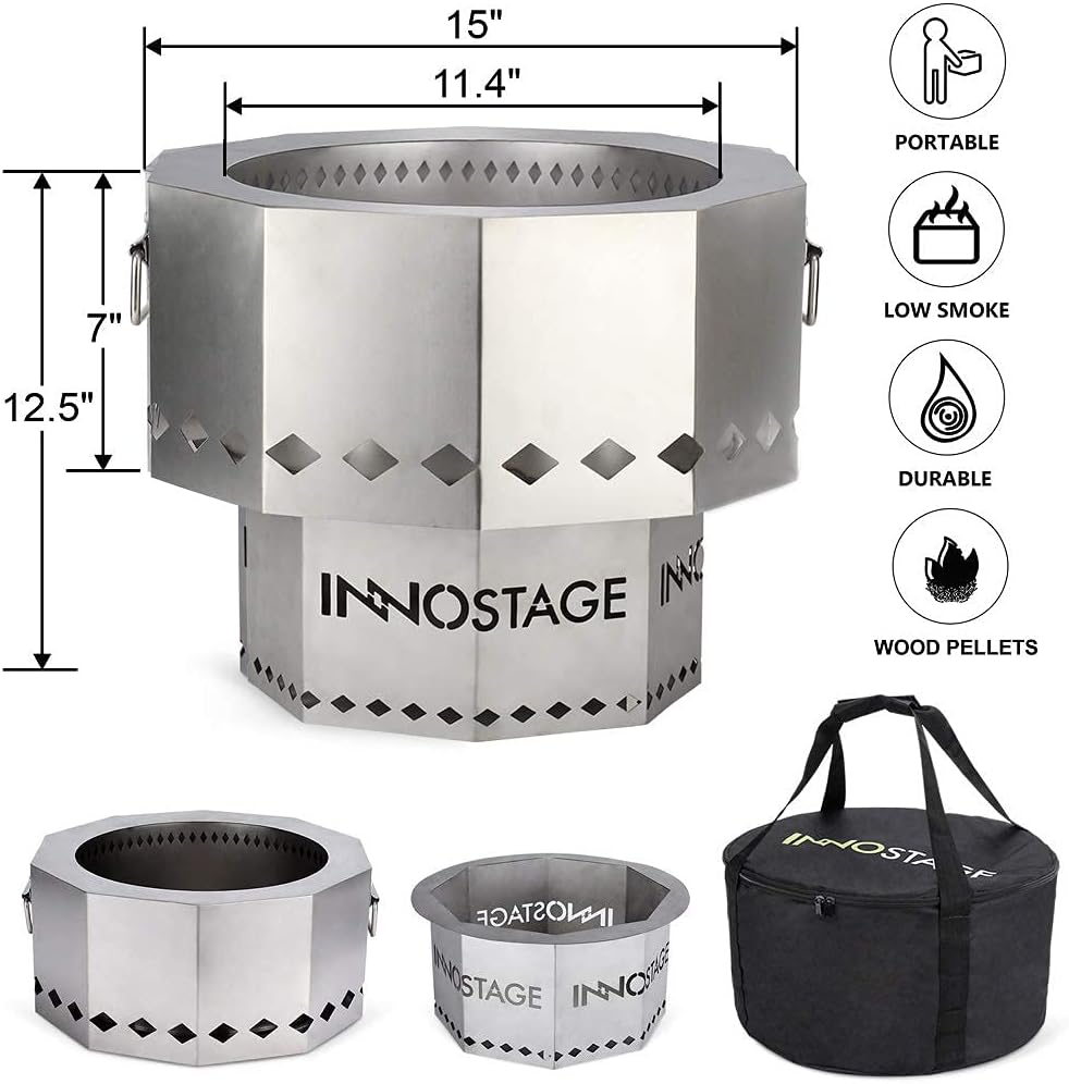 INNO STAGE Stainless Fire Pit with Portable Carrying Storage Bag, Patented Smoke- Firepit Bowl for Wood Pellet with Stand for Outdoor Campfire Flame or Bonfire BBQ on Patio Garden Backyard - M