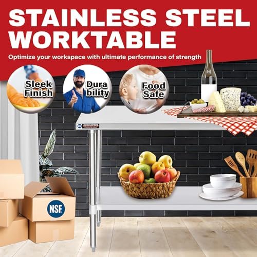 DuraSteel 24x72 Stainless Steel Work Table - NSF Commercial Prep Metal Table - Outdoor Pizza Oven Stand w/Under Shelf - Kitchen Island Laundry Utility Garage Microwave Stand Rolling Storage Cart Vevor