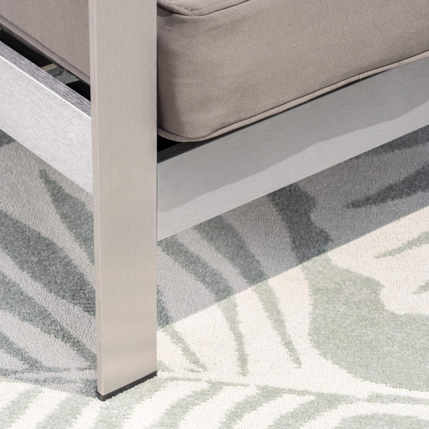 Great Deal Furniture Outdoor 4-Seater Aluminum Chat Set with Fire Pit and Tank Holder, Silver with Khaki and Brown with Wood Pattern