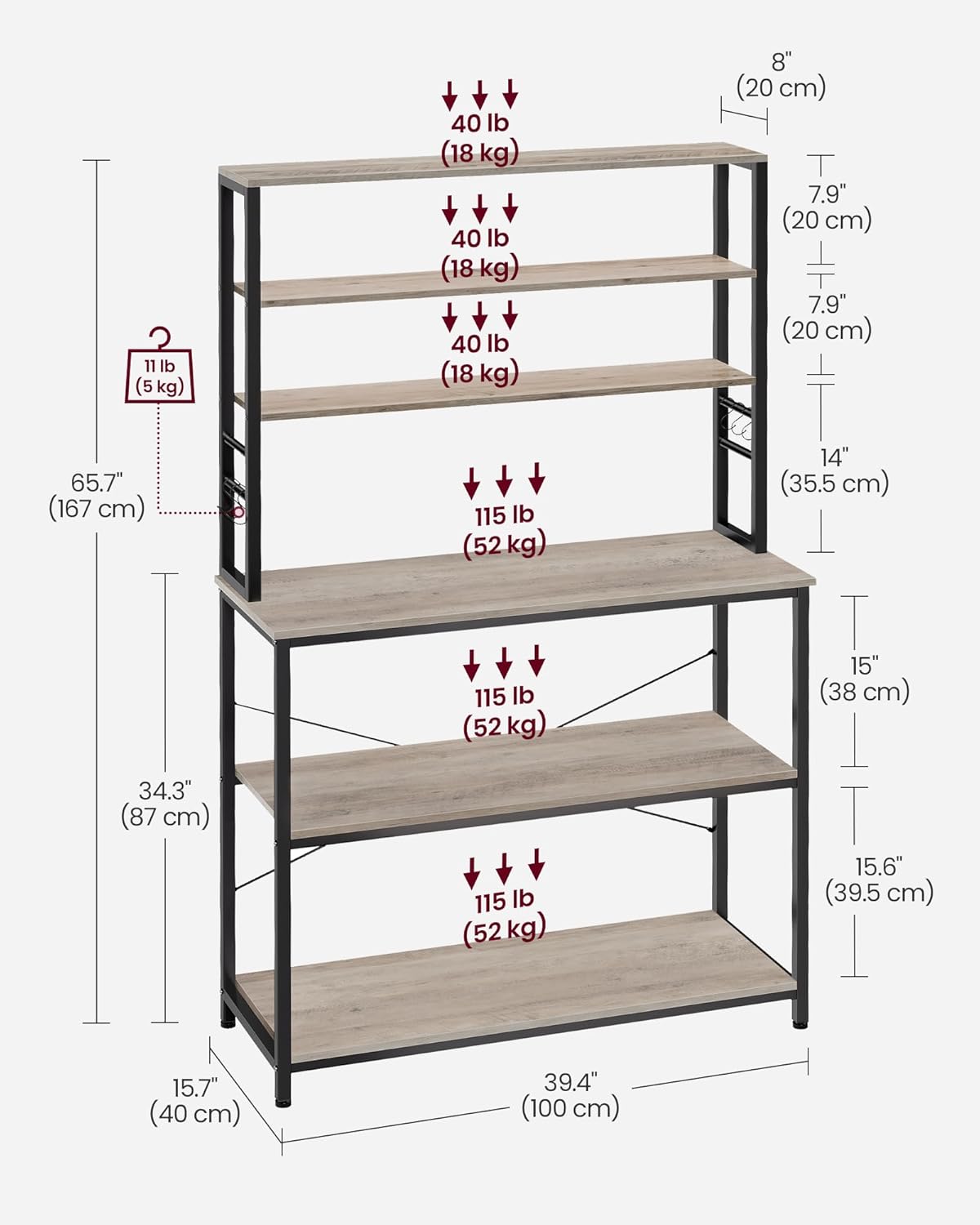 VASAGLE Coffee Bar, 39.4 Inches Baker's Rack for Kitchen with Storage, 6-Tier Kitchen Shelves with 6 Hooks, Microwave Stand, Industrial, Heather Greige and Ink Black UKKS039K02