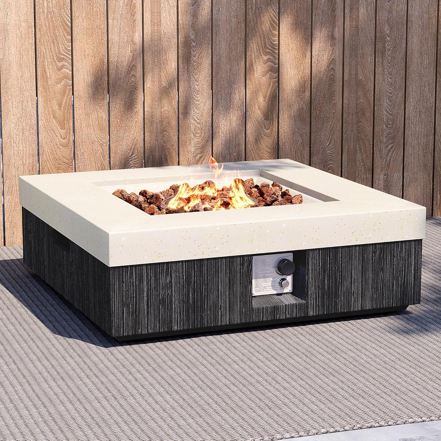 35inch Square Outdoor Propane Fire Pit Table-Black & White Finish,50000 BTU Auto-Ignition,CSA Certified,with Lava Rocks & Waterproof Cover for Patio,Garden,Deck