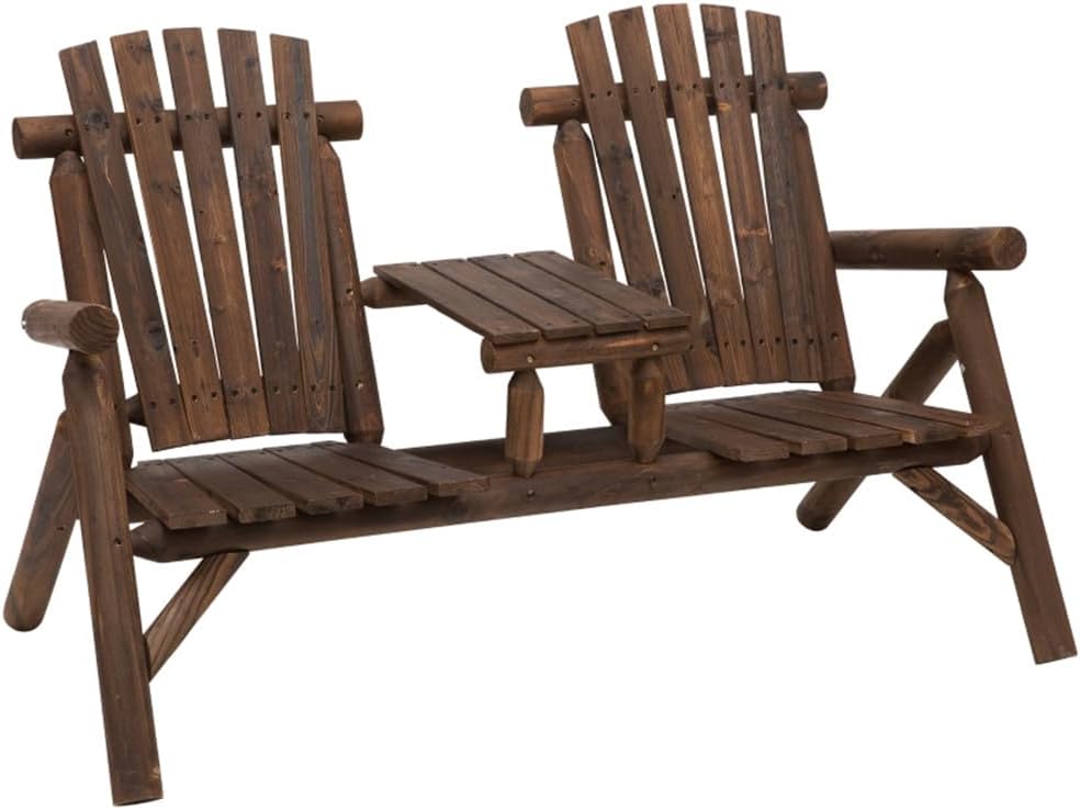 Outdoor 2-Person Wooden Adirondack Bench, Conversation Furniture Set with Patio Rustic Loveseat & Built-in Table, Carbonized Garden Bench Fire Pit Chair for Backyard Porch Pool Deck