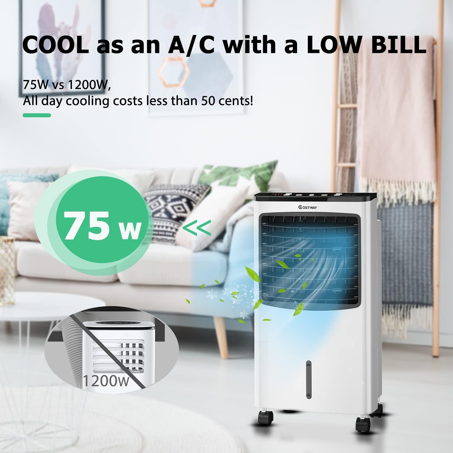 Air Cooler Fan, 3-IN-1 Portable Air Conditioner, Fan and Humidifier with Ice Box, 7.5H Timer, Ultra-quiet, 70° Oscillating, Swamp Cooler for Home, Office, Garages, Warehouses and Commercial