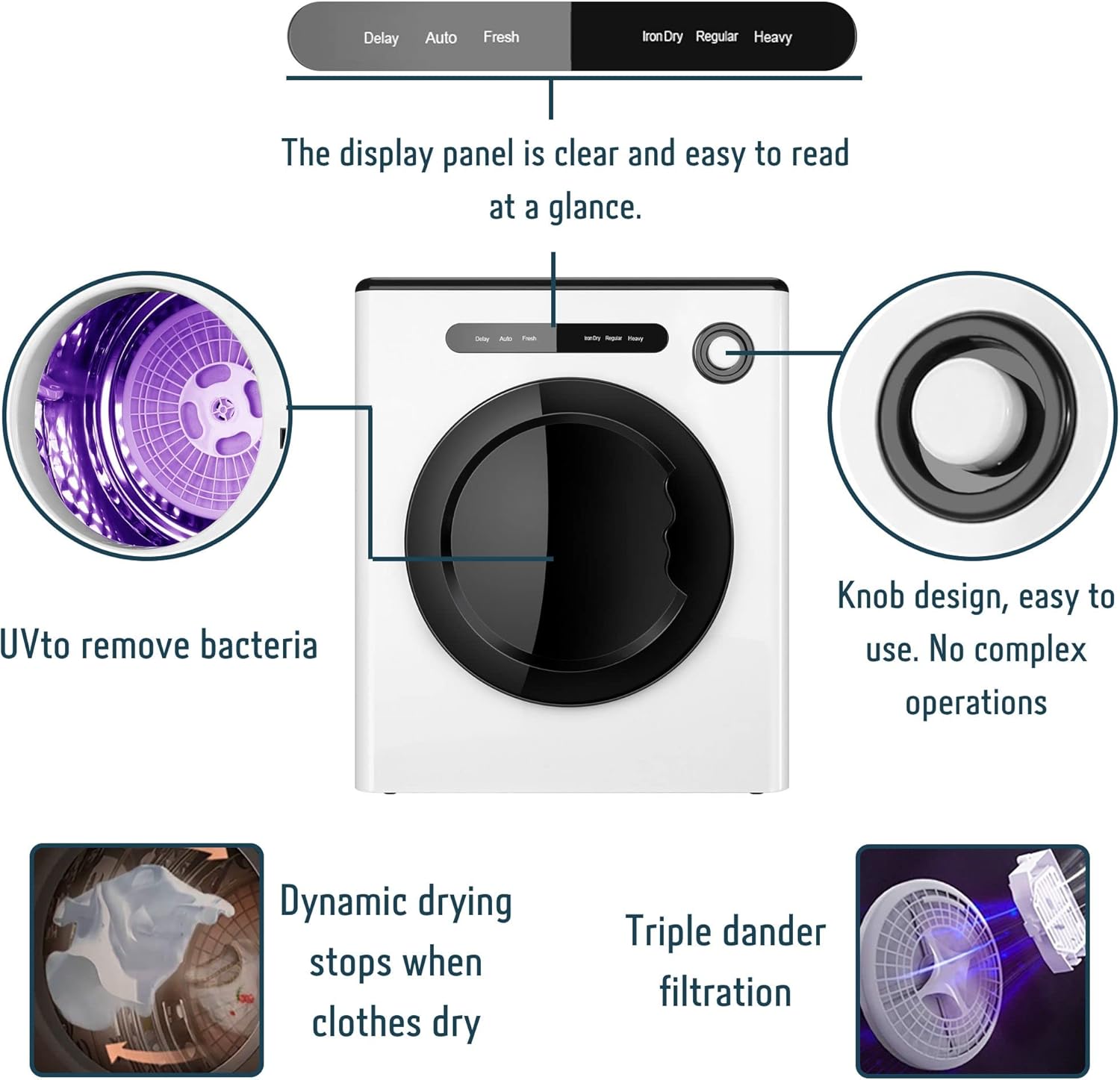 110V 11lbs Portable Clothes Dryer 950W Compact Laundry Dryers 1.6 cu.ft Front Load Stainless Steel Electric Dryers Machine for Apartment,RVs,Dorms,White Auto Stop