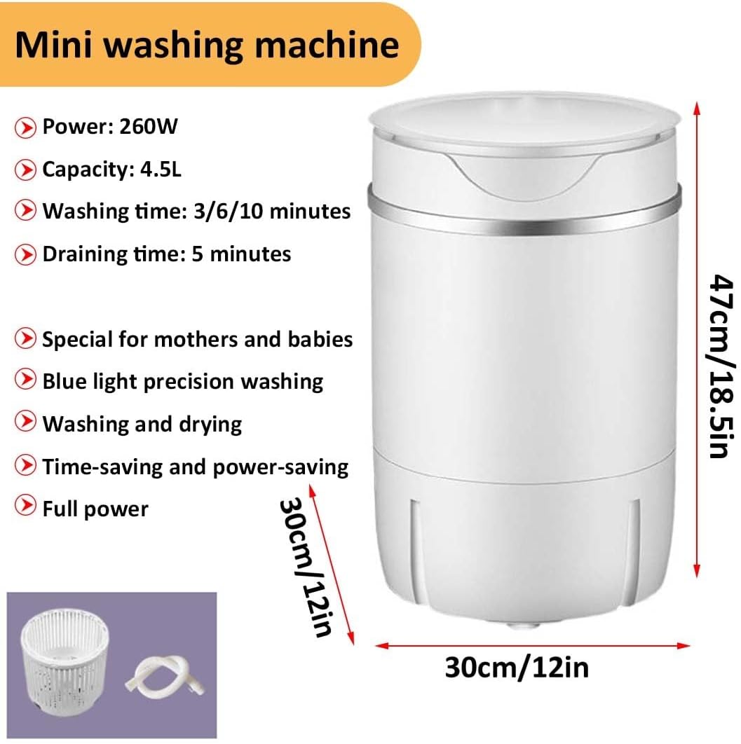 Small Portable Washing Machine 4.5L Capacity Home Clothes Washer Deep Cleaning Small Items 47x30x30cm/18.5x13x13in for Apartments Camping Travel