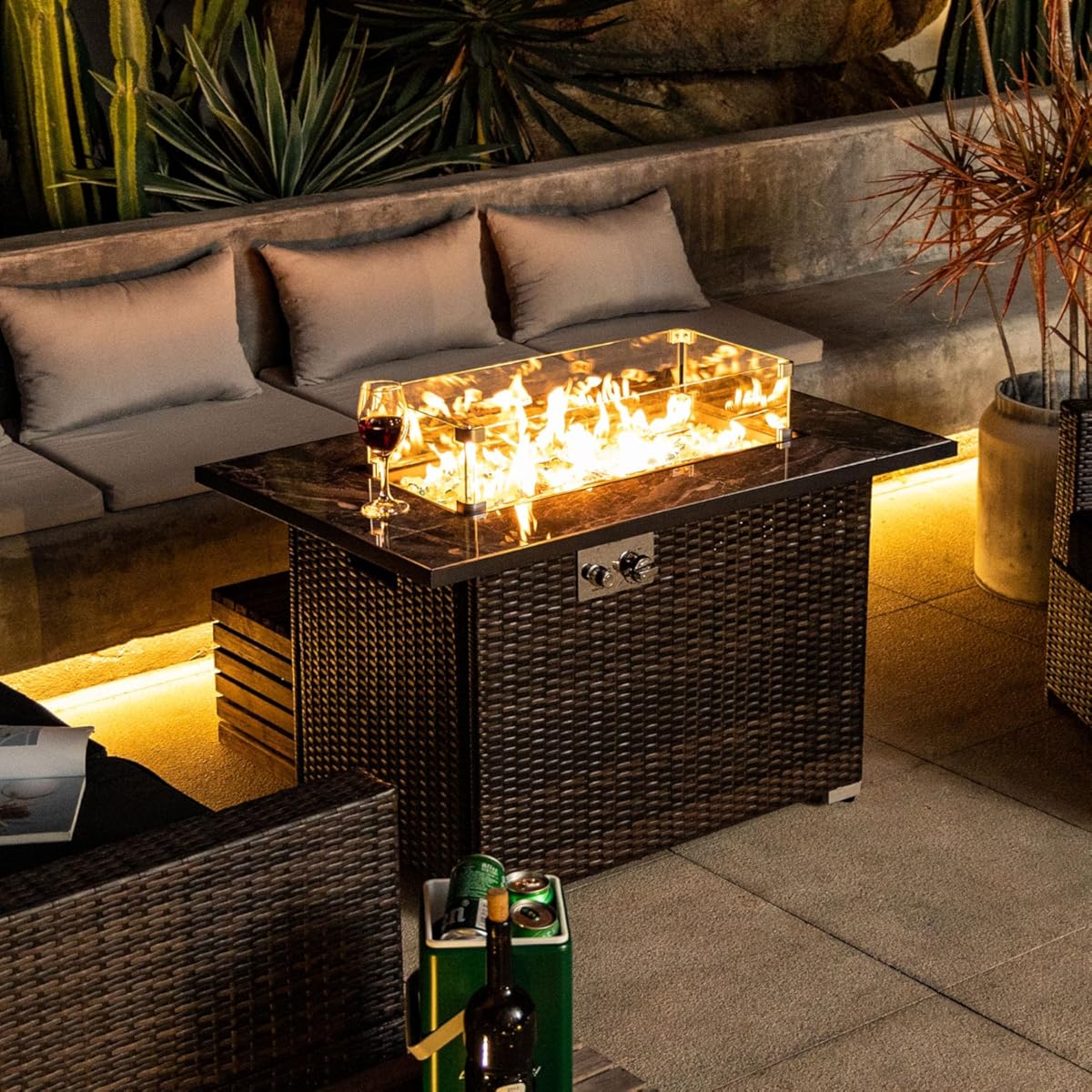 44-inch Propane Fire Pit Table, 60,000 BTU, Convertible Outdoor Table with Wicker Base, Stainless Steel Burner, Brown