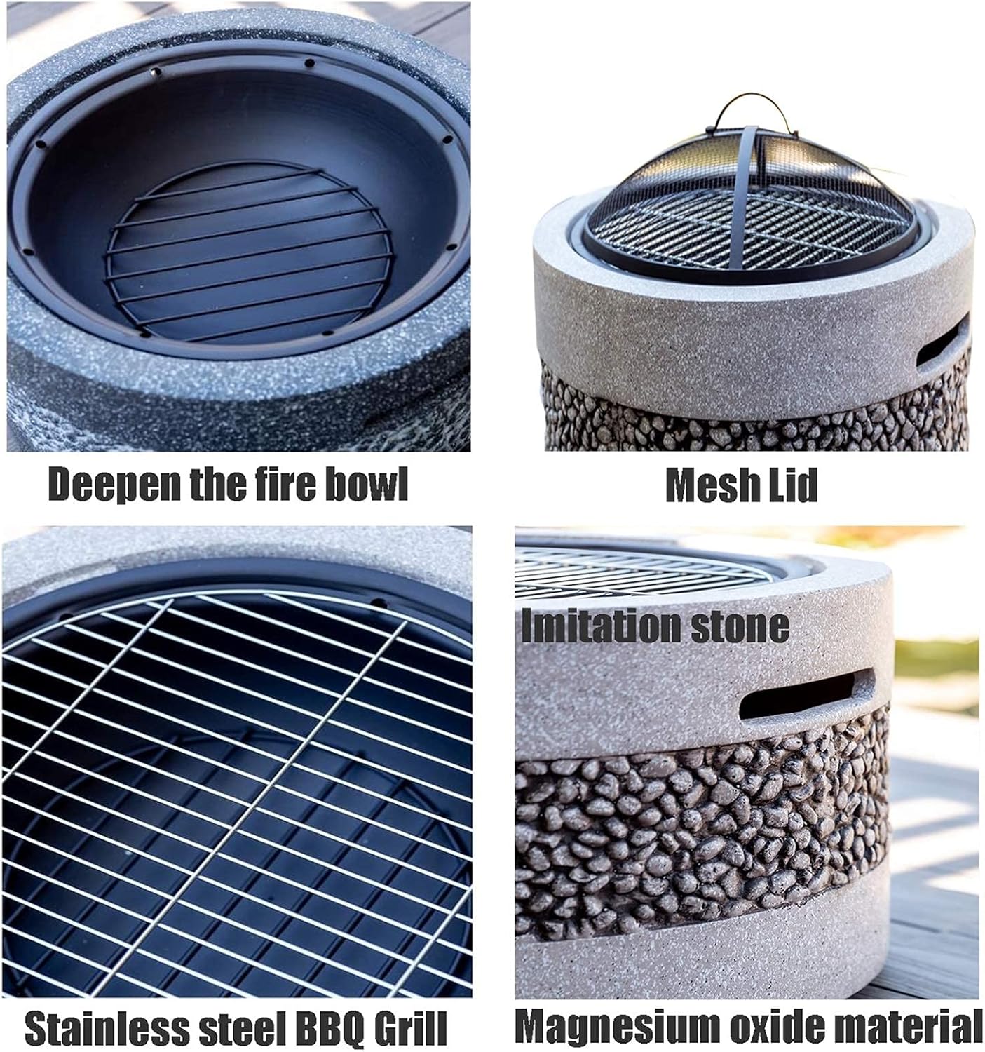 Outdoor Fire Pit Imitation Stone BBQ Grill Kit, Backyard Patio Garden Fireplace, for Camping Outdoor Heating Campfire and Picnic, 55.5cm