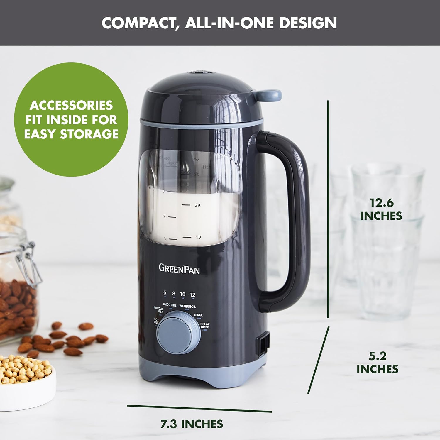 GreenPan Nut Milk Maker, 15-in-1 Homemade Soy, Almond, Oat, Coconut, Non-Dairy, Rice, Soup, Baby Food, BPA-Free, Smooth Creamy Texture, Self Clean, Barista Quality Milk, Delay Start, Boil Water, Gray