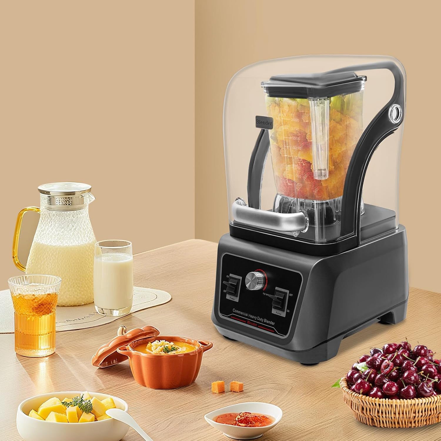 Commercial Blender with Soundproof Shield,Multifunctional Blending Machine with Speed Control,Heavy Duty Blender with Adjustable Speed,2200W