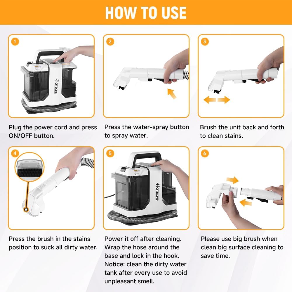 Hoteche Portable Carpet Cleaner Machine, Powerful Handheld Spot Extractor for Pet Stains, Upholstery & Car Interior Cleaning, Dual Tank System, Lightweight Electric Carpet Shampooer with Accessories