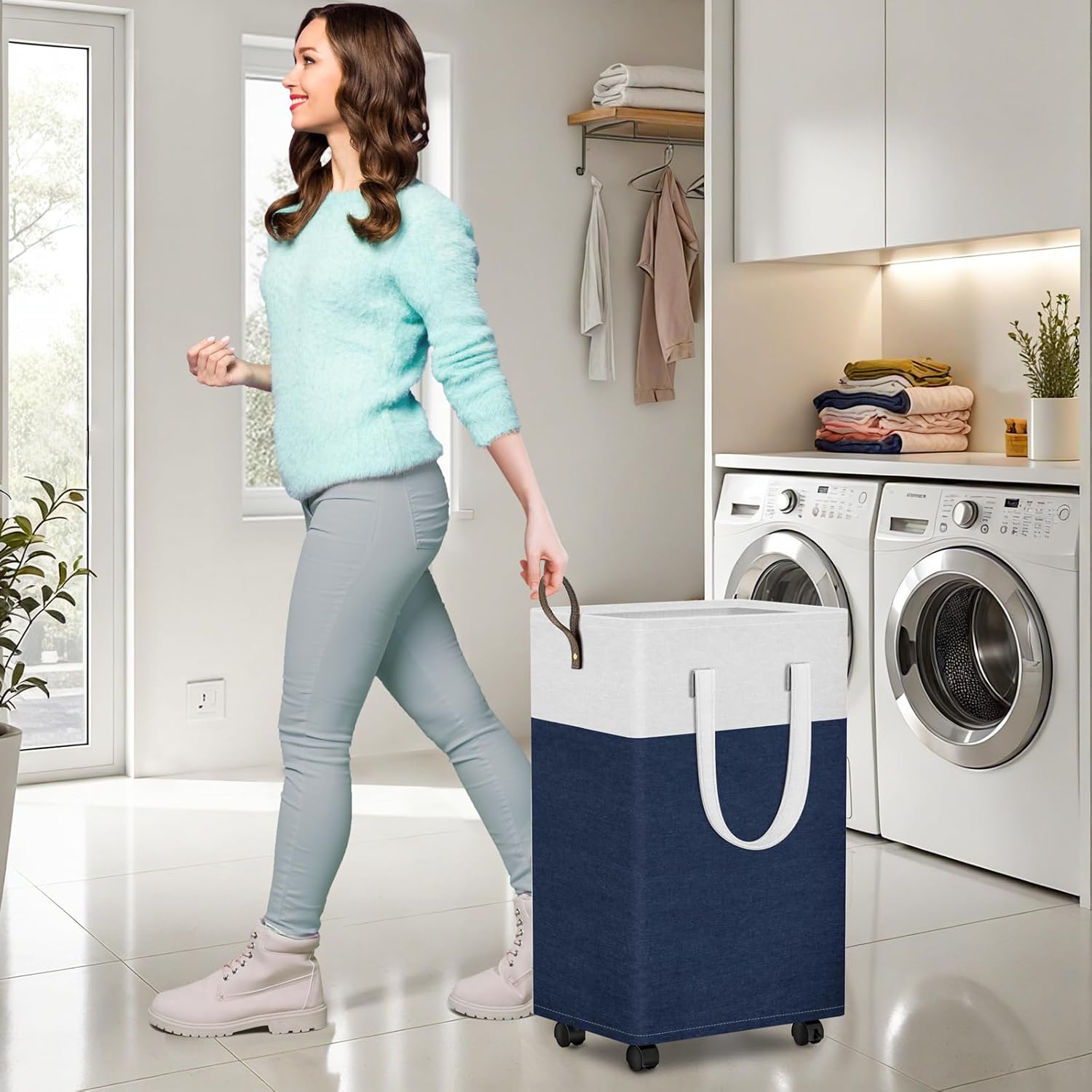 HomeHacks 90L Rolling Laundry Hamper with 4 Smooth Wheels, Collapsible Waterproof Clothes Basket, Freestanding Tall Hamper with Extended Handles for Bedroom/Dorm/Laundry Room (Blue)
