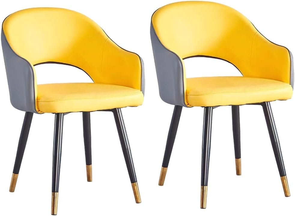 AYARNA Kitchen Dining Chairs 2 Piece Set Wear Resistant Leather Modern Living Dining Room Accent Arm Chairs Carbon Steel Legs Office Lounge Chair(Yellow+Grey)