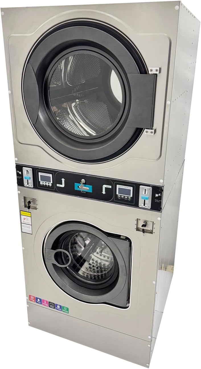 Coin Operated Washer Dryer Combo Commercial Stacked Washing Drying Machine for Laundromats Apartment Laundry Rooms Hotels 12kg Dry Clothes Capacity 220V 1PH