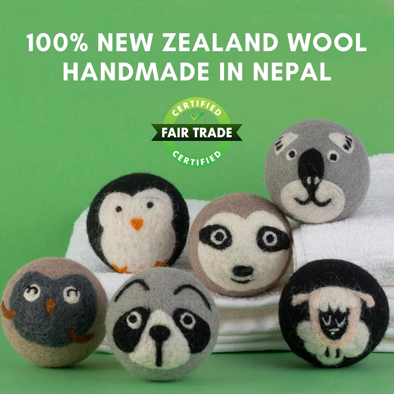 6-Pack XL Organic Wool Dryer Balls - 100% New Zealand Wool, Reuse for 1000 Loads, Fair Trade, Handmade in Nepal, Dryer Balls Laundry Reusable, Critters Dryer Ball Set, Mesh Laundry Bag