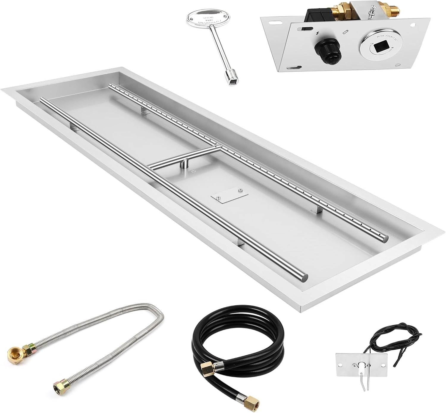 Dollate Drop-in Fire Pit Kit 48 x 14 Inch, Rectangular Fire Pit Insert H Burner with Spark Ignition and Propane Hose Kit, Fire Pit Pan for Indoor or Outdoor Decorative Fireplace