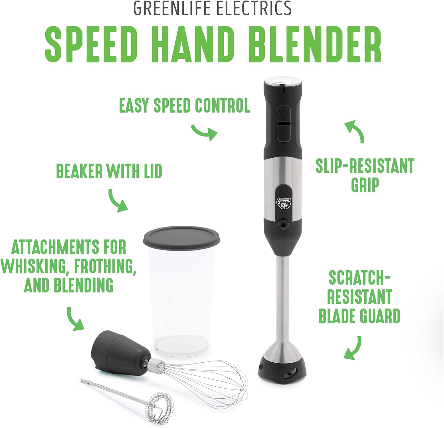 GreenLife 500-Watt Immersion Electric Handheld Stick Blender with Stainless Steel Blades, Whisk, Frother, Measuring Cup and Lid, Soups, Puree, Cake, Multi-Speed Control, Portable, Black