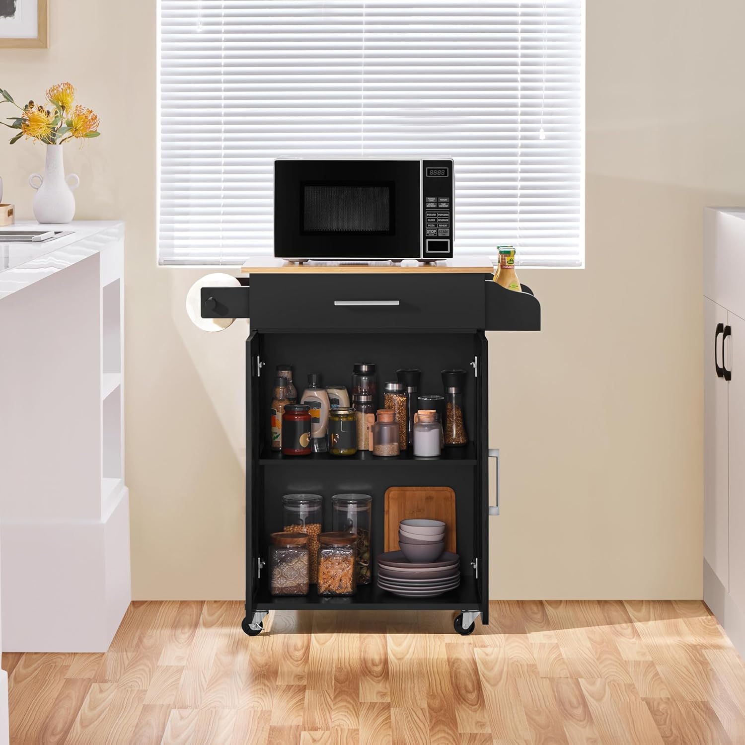 Yaheetech Kitchen Cart with Drawer, Kitchen Island on Wheels with Storage Rack & Cabinets, Microwave Cart for Kitchen with Storage, Rolling Coffee Cart Station, Black